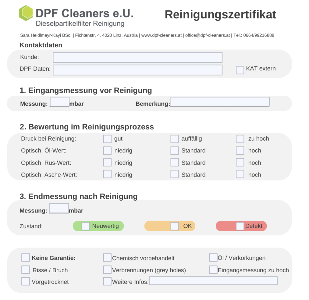 Muster eines DPF-Cleaners-Reinigungszertifikats mit Feldern für Eingangs- und Endmessung