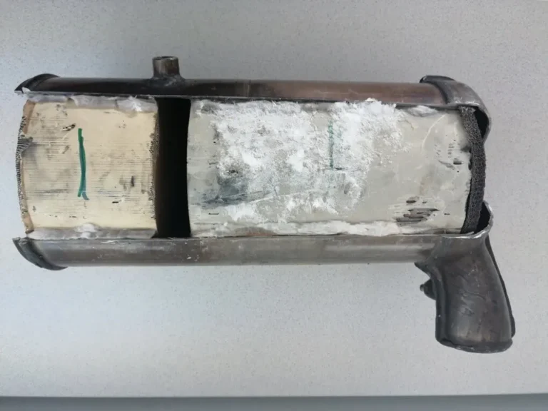 Aufgeschnittenes Abgasfiltergehäuse mit zwei sichtbaren Keramikkörpern