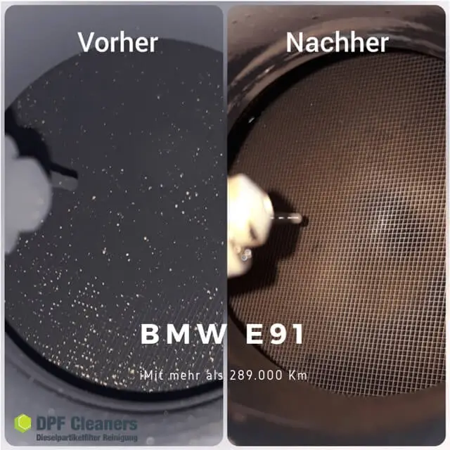 Vorher-Nachher-Fotos einer Filterfläche mit Beschriftung BMW E91