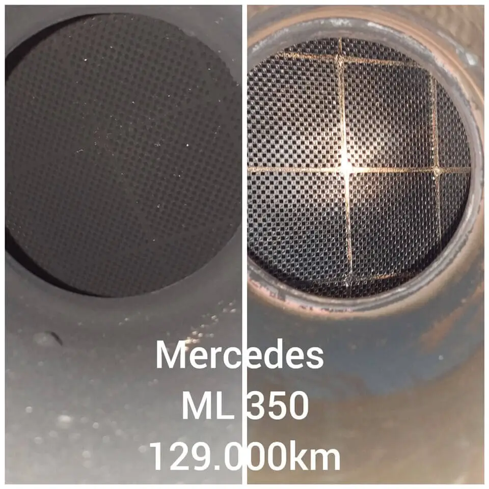 Vorher-Nachher-Fotos einer Filterfläche mit Beschriftung Mercedes ML 350