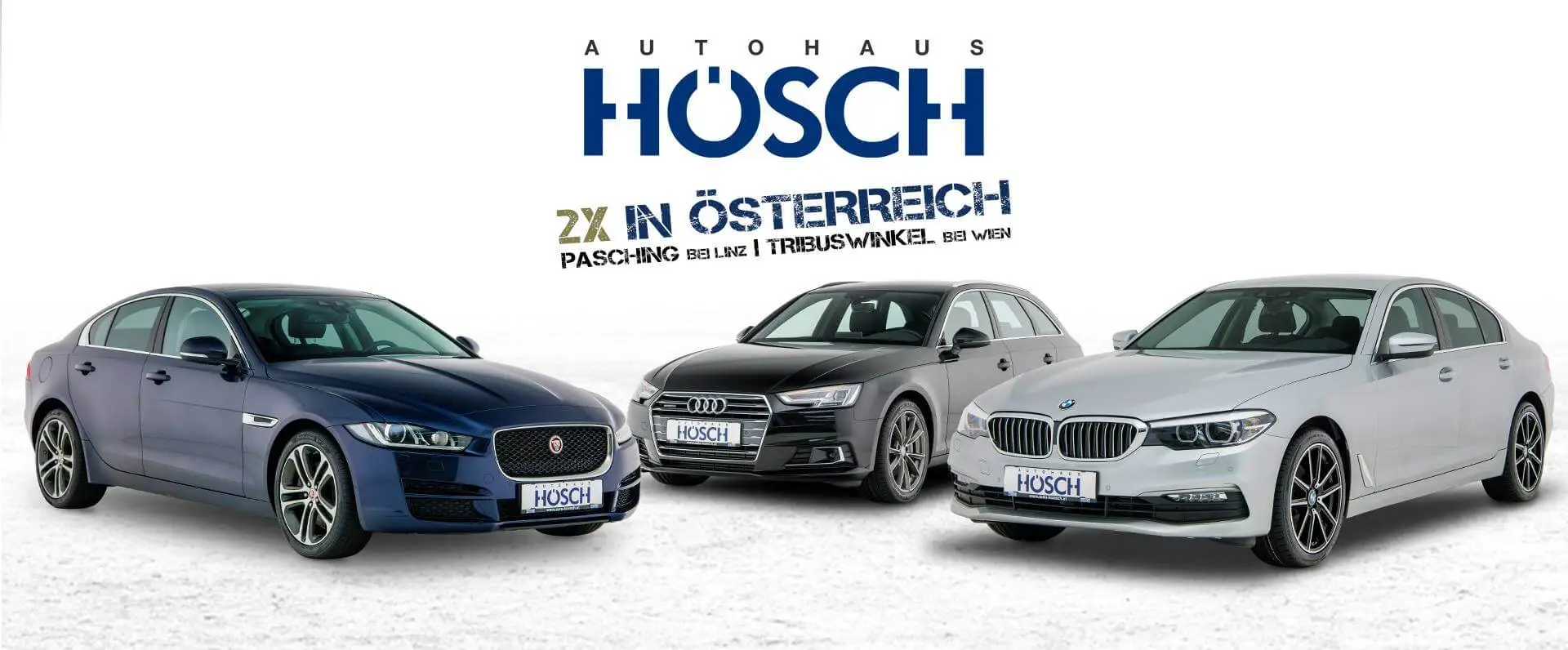 Autohaus-Hösch-Grafik mit drei Fahrzeugen und Firmenlogo