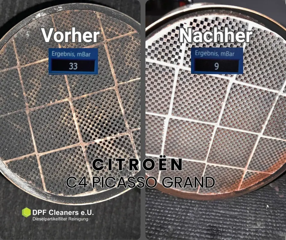 Citroën C4 Picasso Grand: derselbe ausgebaute Filter vor und nach der Reinigung mit 33 und 9 mbar