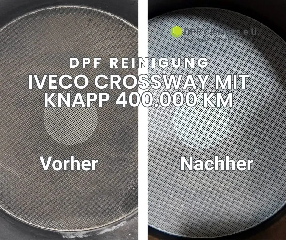 Partikelfilter eines Busses vor und nach der Reinigung; Filterflächen im Vergleich